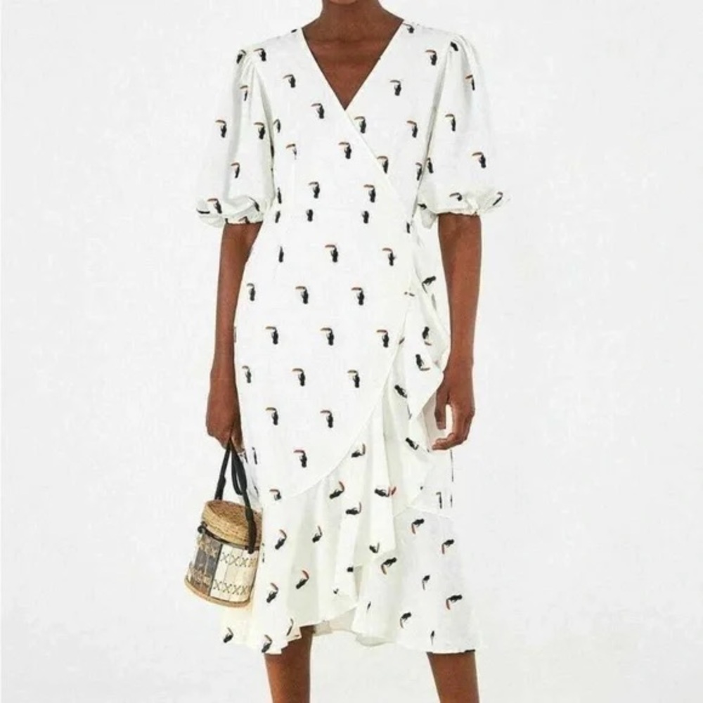 Farm Rio Toucan Embroidered Wrap Midi Dress in white with puff sleeves